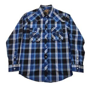 Coevals Club Western Shirt Men's M Blue Plaid Pearl Snap Cowboy Long Sleeve